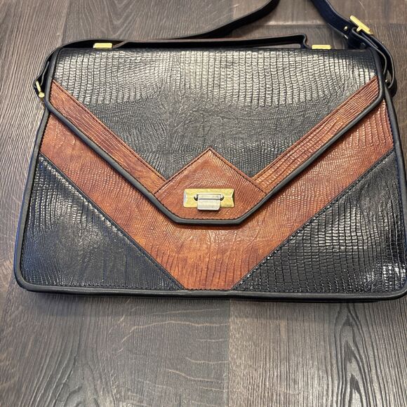 Roche Handmade Black & Brown Lizard Leather Convertible Handbag Briefcase - Picture 3 of 12